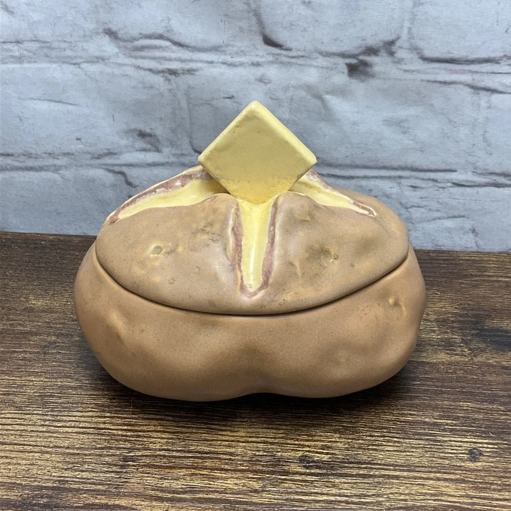 Vintage Ceramic Potato Shaped Serving Bowl W Pat Of Butter On Lid Czechoslovakia